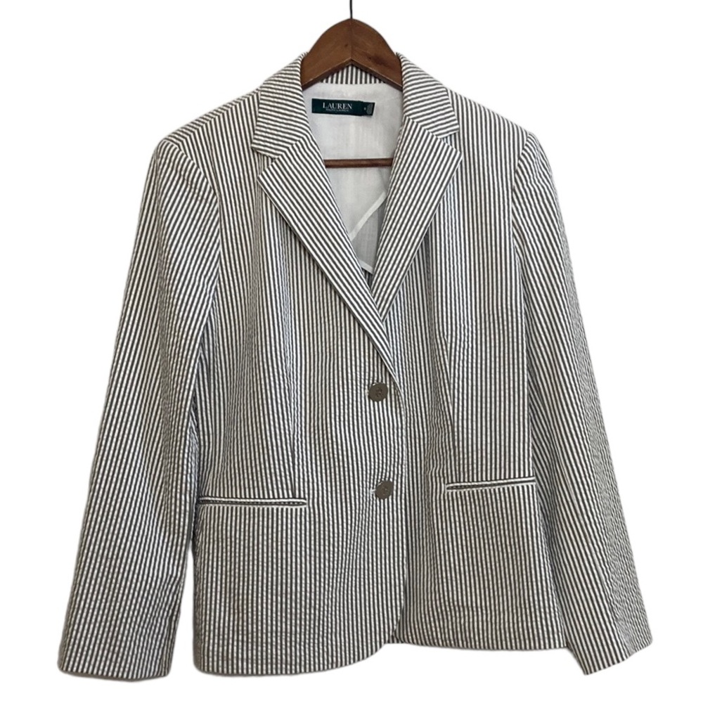 Lauren Ralph Lauren Blazer Womens 10 Gray White Seersucker Stripe Stretch Jacket - Picture 1 of 14